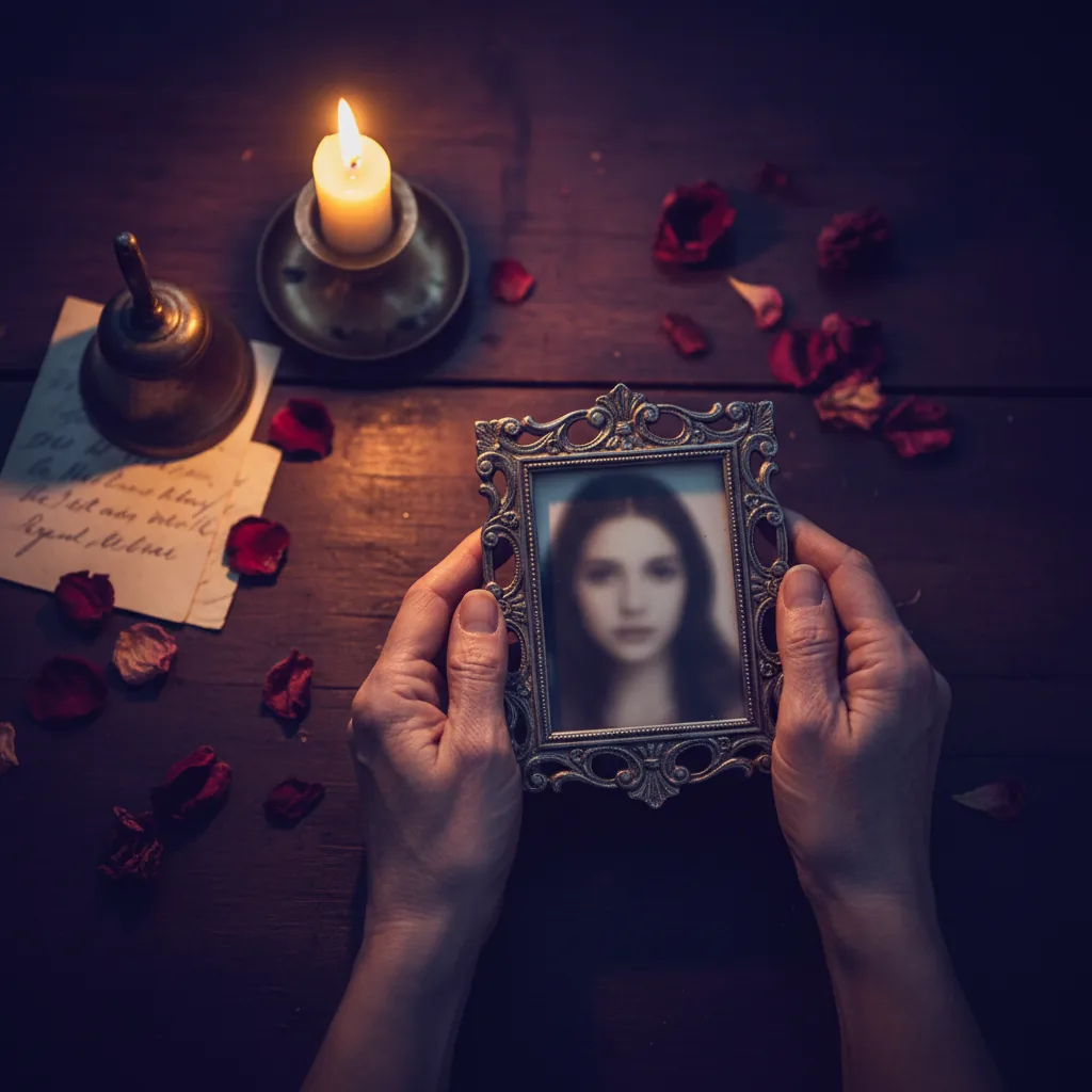 Ardana holding a photograph over a candlelit altar